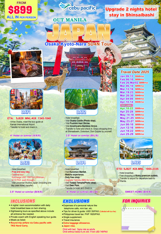 Osaka, Japan $899